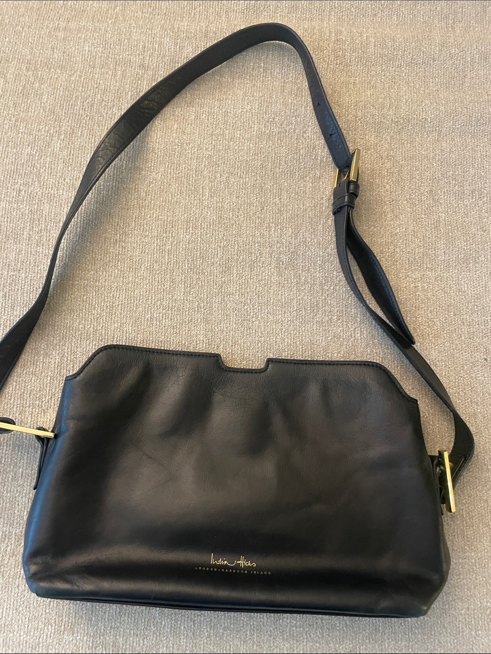 India Hicks Black Leather Shoulder Bag with Gold Hardware